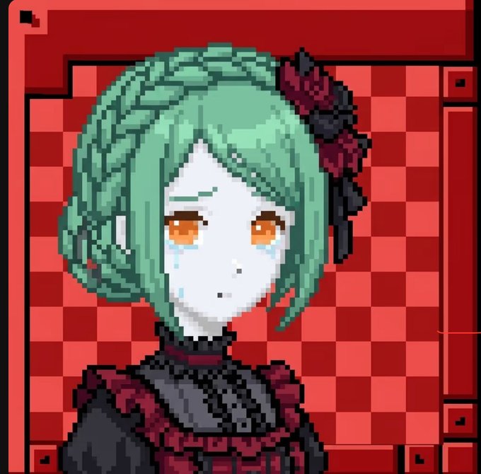 A pixel art illustration of a pale character with green hair, orange tearful eyes, and a black and red floral-patterned dress against a red checkered background.