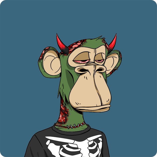 A digital illustration of a zombie monkey character with red horns, exposed brain, and skeleton shirt against a teal background.