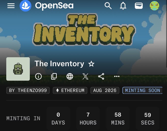 An OpenSea NFT listing page for 'The Inventory' by THEENZO999 on Ethereum, scheduled to mint in August 2026 with a countdown of 0 days, 7 hours, 58 minutes, 59 seconds.