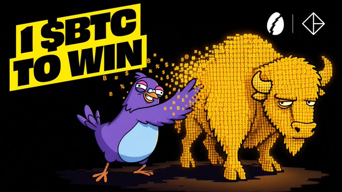A promotional graphic for a Rally campaign featuring a purple bird sprinkling Bitcoin symbols onto a golden bull made of Bitcoin logos, with bold yellow text reading "1 $BTC TO WIN" alongside lightning and Ethereum icons in the top right corner, illustrating the campaign's prize and crypto-leverage theme in partnership with 2Factor Finance.