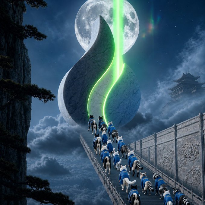 A surreal digital artwork depicts a procession of small animals wearing blue jackets marching up a stone bridge toward a glowing green crescent moon opening against a full moon backdrop.