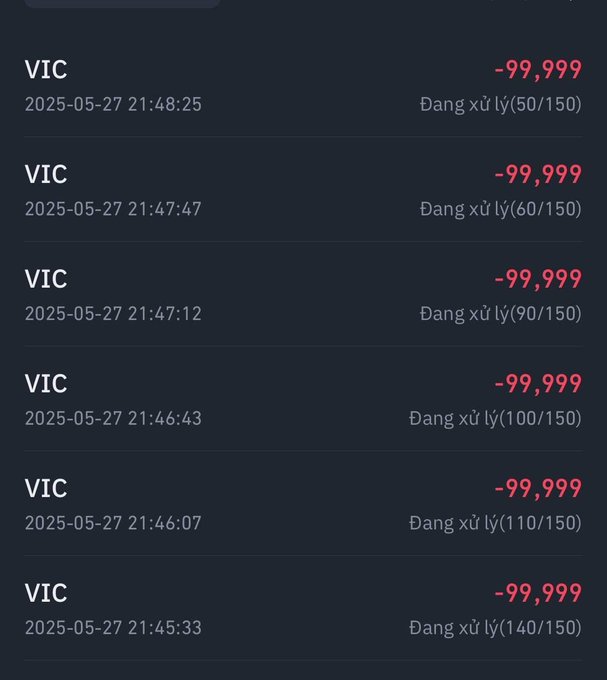 A mobile app screen showing multiple failed transaction attempts for 'VIC' with a loss of '-99,999' and 'Đang xử lý' status.