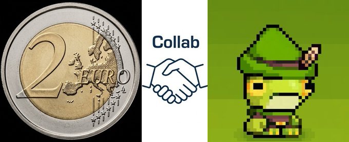 A composite image showing a 2 EURO coin on the left, the word 'Collab' with a handshake icon in the center, and a pixel-art character wearing a green Robin Hood-style hat on the right.