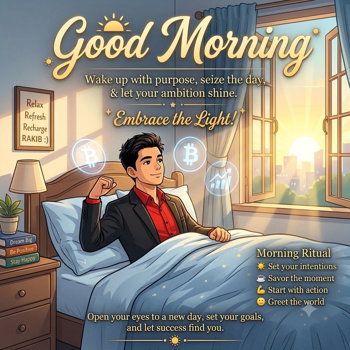 An illustrated 'Good Morning' motivational graphic featuring a young man waking up in bed with Bitcoin icons, containing text about morning rituals and a note 'Relax Refresh Recharge RAKIB :)'.