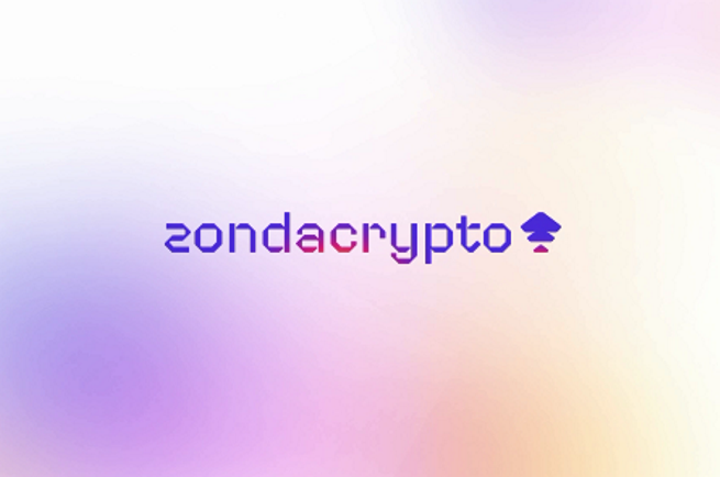 A gradient background in purple, pink, and orange hues with 'zondacrypto' logo and a club suit symbol.