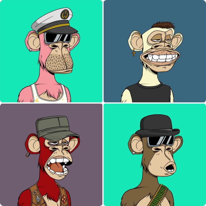 A 2x2 grid of four cartoon-style Bored Ape Yacht Club (BAYC) NFTs, each featuring a distinct character design—one in a captain's hat with sunglasses, one with a wide grin and earring, one wearing a military cap and yelling, and one in a black bowler hat with sunglasses—representing the iconic NFT collection the post is celebrating for its community and upcoming anime series expansion.