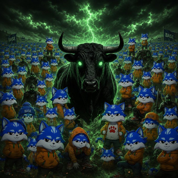 A massive army of blue cats stands beneath a crackling green lightning storm, rallying behind a giant bull with glowing green eyes, while one central cat wears a shirt displaying "TOSHI" and others carry "BASE" and "TOSHI" flags. The image visually embodies the post's message of $TOSHI leading Base's army toward a bullish, momentum-driven breakout.