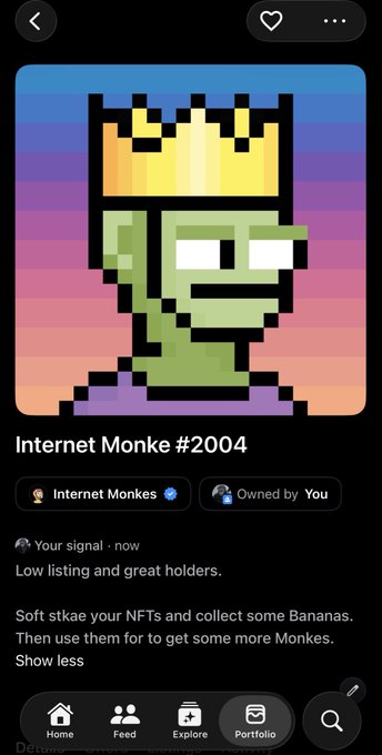 A mobile screenshot showing an NFT marketplace listing for 'Internet Monke #2004' owned by the 'Internet Monkes' collection, featuring a pixelated green character wearing a crown.