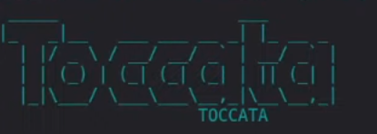 A dark, glitchy typographic design displays the word "TOCCATA" repeated multiple times in a cyan, distorted font, with a final instance reading "TOCCATA" clearly at the bottom. The stylized, mirrored text aligns with the #Toccata reference in the post, likely referencing Toccata as a name or theme tied to the Kaspa ($KAS) cryptocurrency.