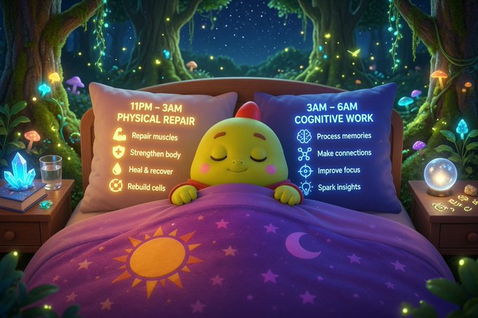 A whimsical 3D illustration of a cute yellow character sleeping in a forest-themed bed, showing sleep cycle benefits including '11PM - 3AM PHYSICAL REPAIR' (Repair muscles, Strengthen body, Heal & recover, Rebuild cells) and '3AM - 6AM COGNITIVE WORK' (Process memories, Make connections, Improve focus, Spark insights).