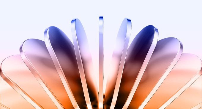 An abstract 3D rendering of petal-like shapes fanning out in purple and orange gradient colors with a bright light in the center.