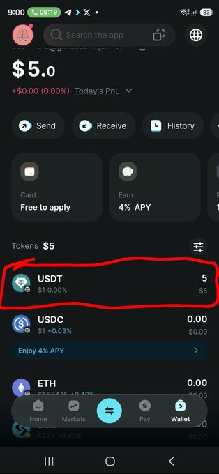 The image shows a smartphone screen with a financial app that allows users to claim shares of cryptocurrency such as Bitcoin. The main information displayed on the screen includes the name "BTC" for Bitcoin, the value $100,000 USDT, and some text related to claiming shares or receiving a payment in cryptocurrency. In addition to this, there is a red mark highlighting the action of claiming a share of the cryptocurrency within the app. This app has been recently introduced into the market with a worldwide release, but it seems that nobody is paying attention to it at the moment as other campaigns have taken the spotlight on social media platforms like Instagram and Twitter.