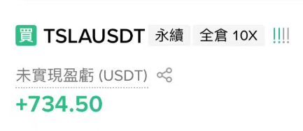 A financial notification in Chinese reads '買 TSLA USDT 永續 全倉 10X !!!!!' showing an unrealized profit of '+734.50 USDT'.