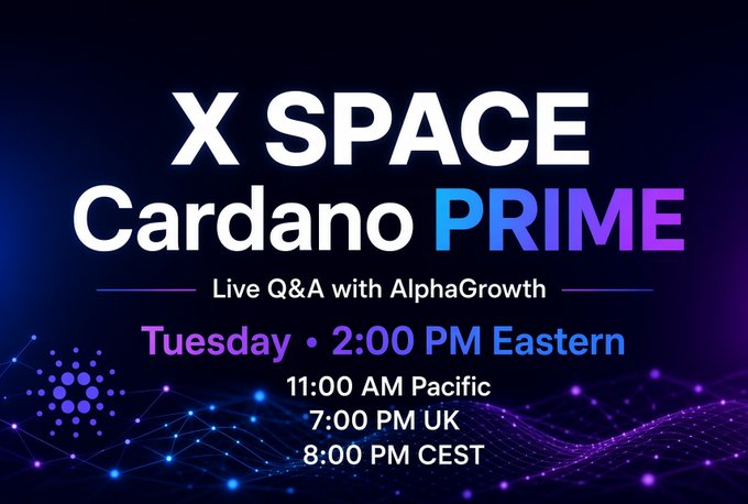 Promotional graphic for 'X SPACE Cardano PRIME' live Q&A with AlphaGrowth, scheduled for Tuesday at 2:00 PM Eastern (11:00 AM Pacific, 7:00 PM UK, 8:00 PM CEST).