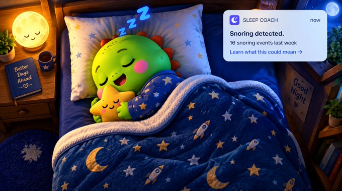 A digital illustration shows a cute green dinosaur character sleeping soundly in a star-patterned bed with a moon lamp nearby. A notification from "SLEEP COACH" appears on the right reading "Snoring detected. 16 snoring events last week. Learn what this could mean."