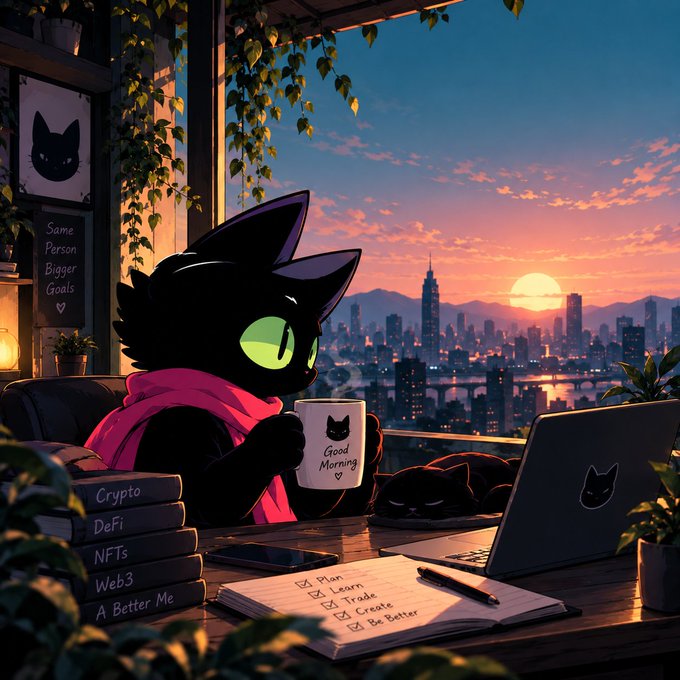 An illustrated black cat character with glowing green eyes wearing a pink scarf, drinking coffee from a 'Good Morning' mug while working on a laptop overlooking a sunset cityscape, surrounded by books labeled 'Crypto, DeFi, NFTs, Web3, A Better Me.'