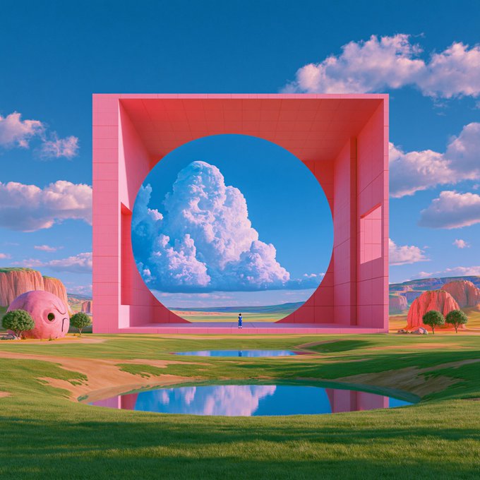 A massive pink cubic frame with a circular cutout reveals a towering cumulus cloud in a bright blue sky, with a tiny figure standing at its base, while surreal pink rock formations and a small dome structure sit on the grassy landscape around a reflecting pool. The "Open³" concept is visualized through the layered dimensionality of the image—the cube, the circular portal, and the vast sky beyond symbolizing openness expanding in multiple dimensions.