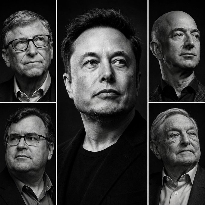 A black-and-white collage features Elon Musk at the center, surrounded by four other billionaires—George Soros, Jeff Bezos, Bill Gates, and Michael Bloomberg—portraying the post's claim that Musk is targeted by media due to lacking financial ties to outlets, unlike the others who own major media investments.
