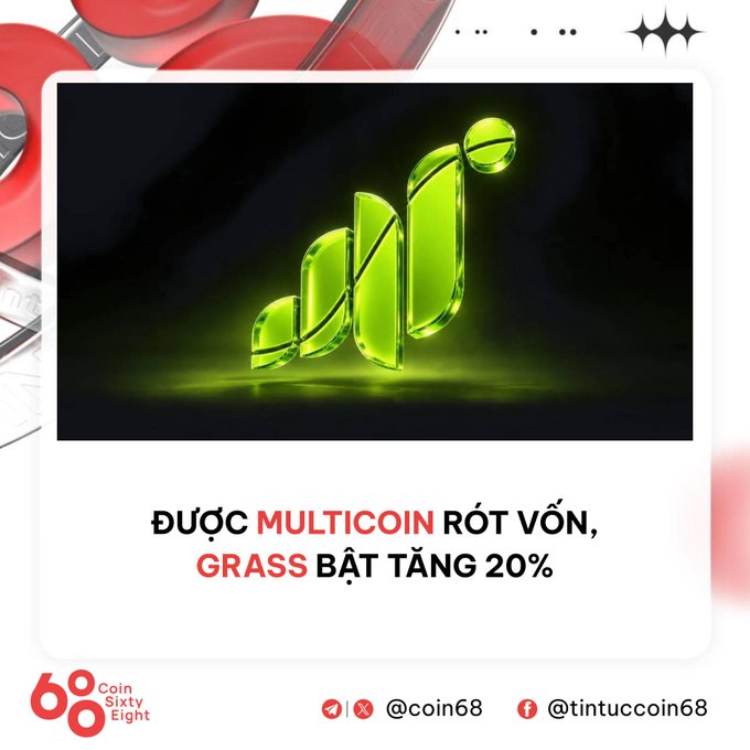 A promotional graphic for '0xCyberThrone' (Coin Sixty Eight) with a glowing green logo and text reading 'ĐƯỢC MULTICOIN RÓT VỐN, GRASS BẬT TĂNG 20%.' along with social media handles @coin68 and @tintuccoin68.
