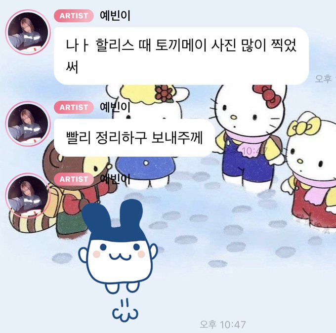 A KakaoTalk chat screenshot shows messages from artist 예빈이 warning about a lot of dog pictures being posted and asking to be careful not to get caught, with Hello Kitty characters visible in the background and a small blue bunny sticker below. This relates to the post's playful tone about relying on "토멩" (dog friends), as the user appears to be warning about upcoming dog photo spam to avoid getting flagged.