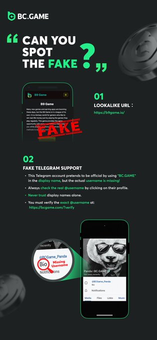A BC.GAME infographic titled 'CAN YOU SPOT THE FAKE?' warning users about lookalike URLs and fake Telegram support accounts, showing a fake URL (b9game.io) marked 'FAKE' and the official username @BCGame_Panda.