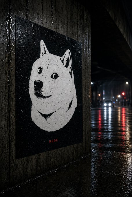An AI-generated image showing a stylized portrait of a Doge/Shiba Inu dog labeled 'DOGE' in red text on a concrete pillar at night, with wet pavement reflecting city lights.