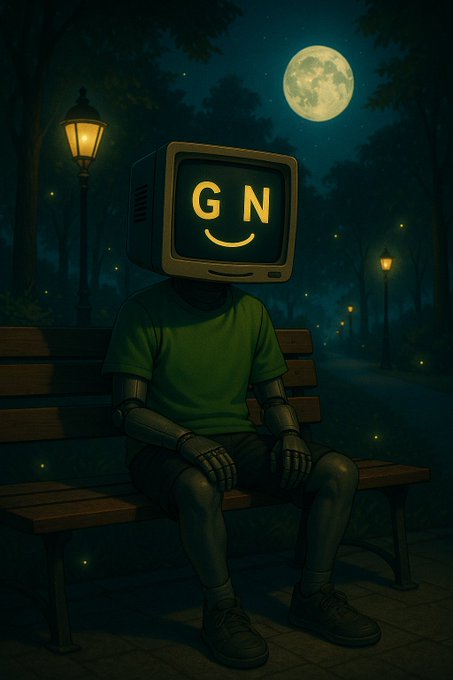 Digital artwork of a humanoid figure with a retro computer monitor head displaying 'GN' with a smiley face, sitting on a bench in a moonlit park.