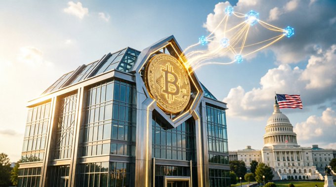 A digitally composed image showing a large golden Bitcoin coin embedded in a modern glass building, with the U.S. Capitol building and American flag in the background under a blue sky.