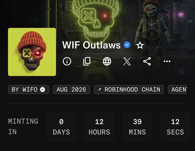 NFT project page for 'WIF Outlaws' by WIFO on Robinhood Chain, featuring a skull with X eyes and a red laser wearing an orange beanie, with minting countdown showing 0 days, 12 hours, 39 minutes, 12 seconds remaining until August 2026.