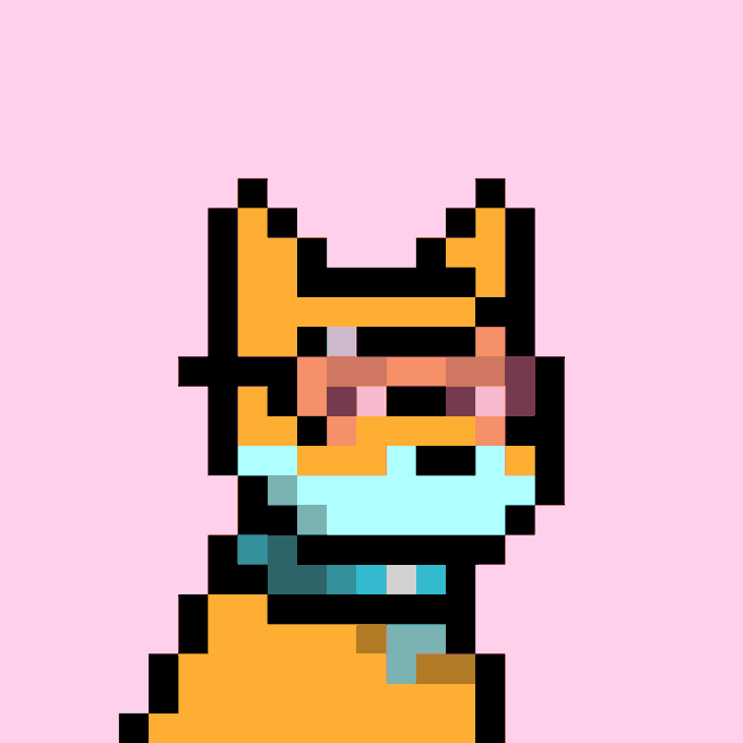 A pixel art illustration of a character wearing an orange and teal outfit with a distinctive helmet, set against a solid light pink background.