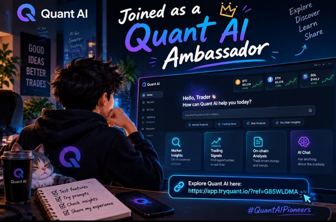 Promotional image for 'Quant AI' ambassador program showing a person using the trading platform, with text 'Joined as a Quant AI Ambassador' and link 'https://app.tryquant.io/?ref=G85WLDMA', hashtag '#QuantAIPioneers'.