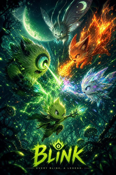 The image features a poster for the video game Blink, which has a green background with white text that reads "Blink" at the top. The poster also includes illustrations of various creatures such as a dragon, a fairy, and a cat, all depicted in different colors including green, orange, blue, and purple. The creatures are shown flying or interacting with each other, creating an immersive atmosphere for the game's players. The text on the poster encourages viewers to "Focus on what is in the image and how it relates to the post".