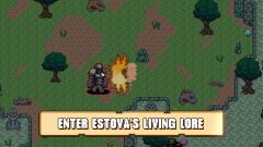Pixel art game screenshot showing a character in a forest setting with a banner option to 'ENTER ESTOVA'S LIVING LORE'.