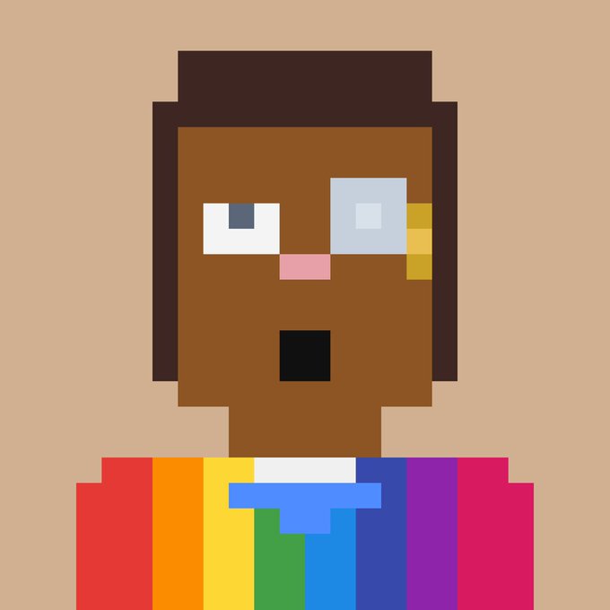 Pixel art illustration of a person with dark skin and hair, with a white rectangular shape over one eye, wearing a rainbow-striped shirt against a peach background.