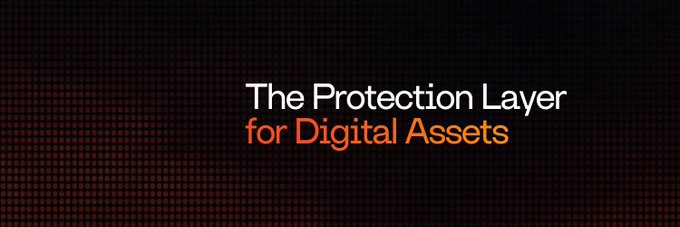 The image features a gray banner with black text that reads "The Protection Layer for Digital Assets" at the top, followed by an orange line of dots below it. Below this, there's another orange line of dots extending from the bottom right corner towards the top left corner. The entire design is set against a dark background, which makes the colors stand out even more.