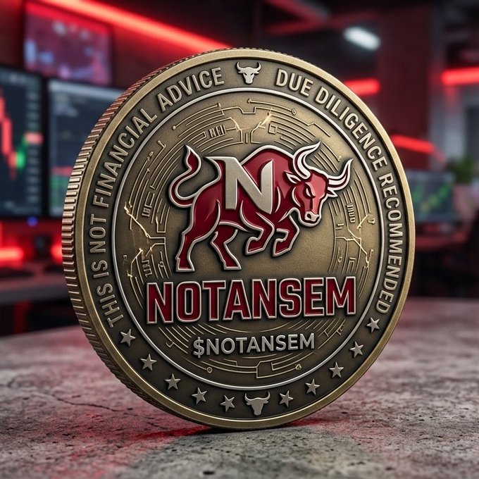 A commemorative gold-colored coin labeled 'NOTANSEM' with 'THIS IS NOT FINANCIAL ADVICE' and 'DUE DILIGENCE RECOMMENDED' around the rim, featuring a red bull and an 'N' logo, set against a blurred background with red lighting.