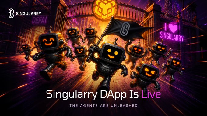 The image features a group of robots walking down a street with a banner that reads "Singularary dApp is LIVE" above them, indicating that the Singularary dApp has been officially launched or is currently live. The text also mentions that the era of manual trading and constant stress is over, which suggests that the Singularary dApp has brought about a new era in trading and financial management for users.