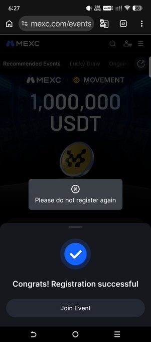 A mobile screenshot of the MEXC website showing an event page with a 'Congrats! Registration successful' popup and 'Please do not register again' message for a 1,000,000 USDT prize.