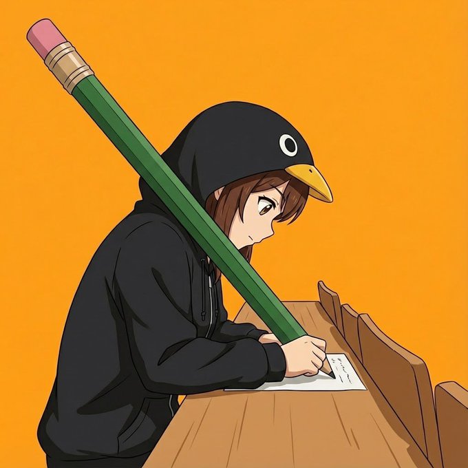 The image features a girl wearing a black hoodie, sitting at a desk with a pencil and paper in front of her. She has a large green pencil behind her head, which she uses as a hat while writing or drawing. The scene is set against an orange background, creating a warm and inviting atmosphere for the girl's creative pursuits.