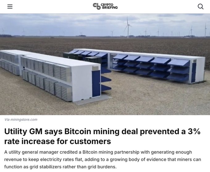 A screenshot from 'Crypto Briefing' shows an article titled 'Utility GM says Bitcoin mining deal prevented a 3% rate increase for customers' with a photo of large mining equipment in a field with wind turbines.