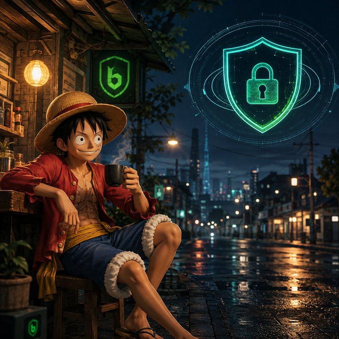 An anime-style illustration of a character resembling Luffy from One Piece sitting at a night stall, with a green Bitget security shield hologram in the background.