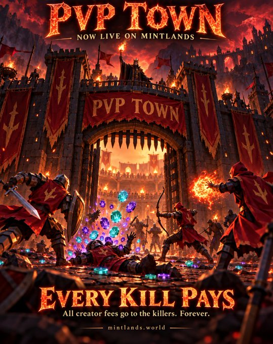 A promotional poster for "PVP TOWN" on Mintlands, featuring a dramatic battle scene at a castle gate with warriors in red capes fighting amid fire and magical crystals. The tagline reads "EVERY KILL PAYS - All creator fees go to the killers. Forever." with "mintlands.world" at the bottom.