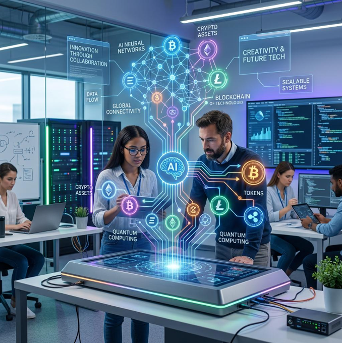 The image shows a group of people working together in an office setting, with one person holding up a computer screen displaying a complex network diagram filled with various symbols representing different aspects of Web3 technology. The focus of their work seems to be on building and developing innovative solutions for the future of Web3. This collaboration highlights the importance of teamwork and expertise in this rapidly evolving field.