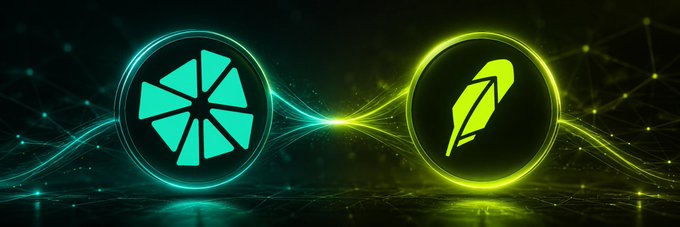 A digital artwork featuring two glowing circular icons—one teal geometric logo and one yellow-green feather/pen nib symbol—connected by flowing energy lines against a dark background.