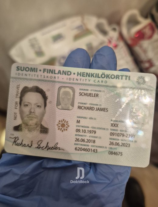 The image shows a Finnish identity card (Henkilökortti) bearing the name "Richard James SCHUELER," held in a blue-gloved hand, linking directly to the caption about the Interpol-wanted cryptocurrency scammer "Whale James" being captured in a dawn raid in Istanbul's Beşiktaş district.