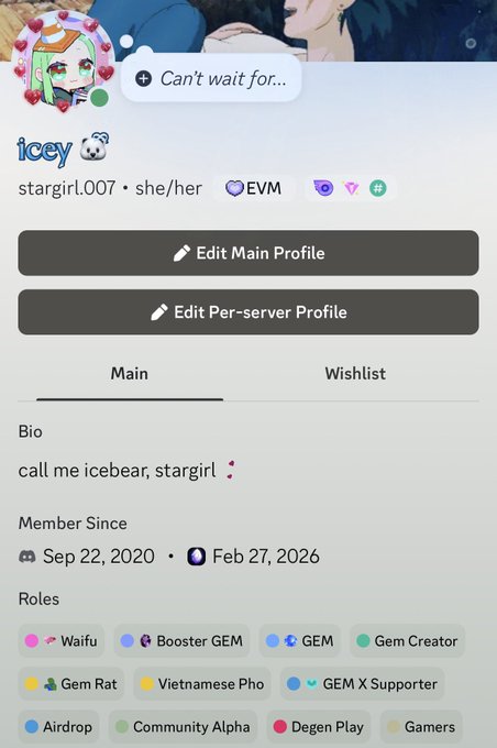 The image shows a Discord profile page for a user named "icey" (stargirl.007, she/her) with the bio "call me icebear, stargirl," and a collection of server roles including "Waifu," "Booster GEM," "GEM," "Gem Creator," "Gem Rat," and others, which supports the post's claim about being a "waifu" in the @0xAlphaGEMs community. The profile confirms their active membership and roles within the GEMs ecosystem, illustrating their involvement despite the "bear market" reference.