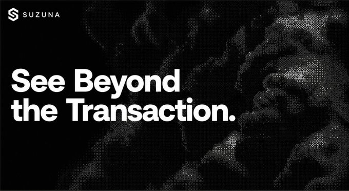 Black promotional banner for SUZUNA with the tagline 'See Beyond the Transaction.' featuring a pixelated face graphic.