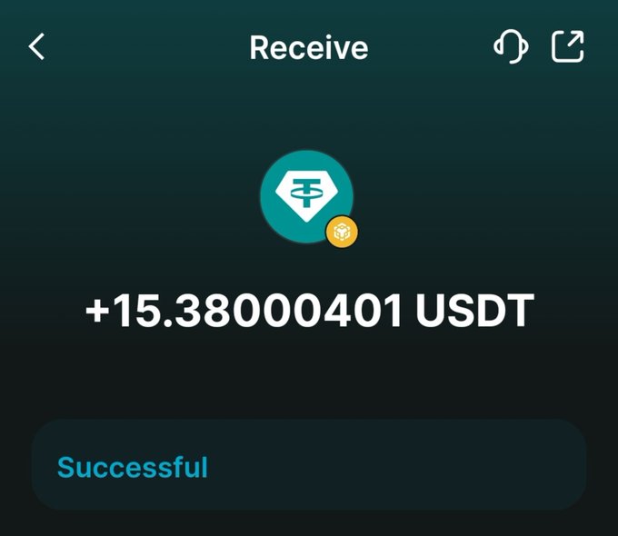 A cryptocurrency wallet 'Receive' screen showing a successful transfer of '+15.380000401 USDT' with a Tether icon.