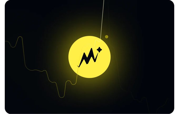 The graphic displays a yellow glowing circle with a stylized "M" symbol resembling the Magic Eden logo, set against a dark background with a faint line chart. The image visually represents the user unlocking Magic beta on Solflare, tying into their excitement about accessing an AI agent for on-chain Solana research within their wallet.
