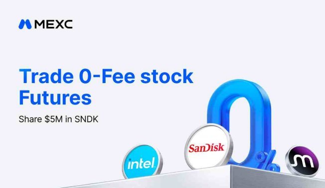 MEXC cryptocurrency exchange advertisement promoting 'Trade 0-Fee stock Futures' and sharing $5M in SNDK, with SanDisk, Intel, and other brand logos featured.